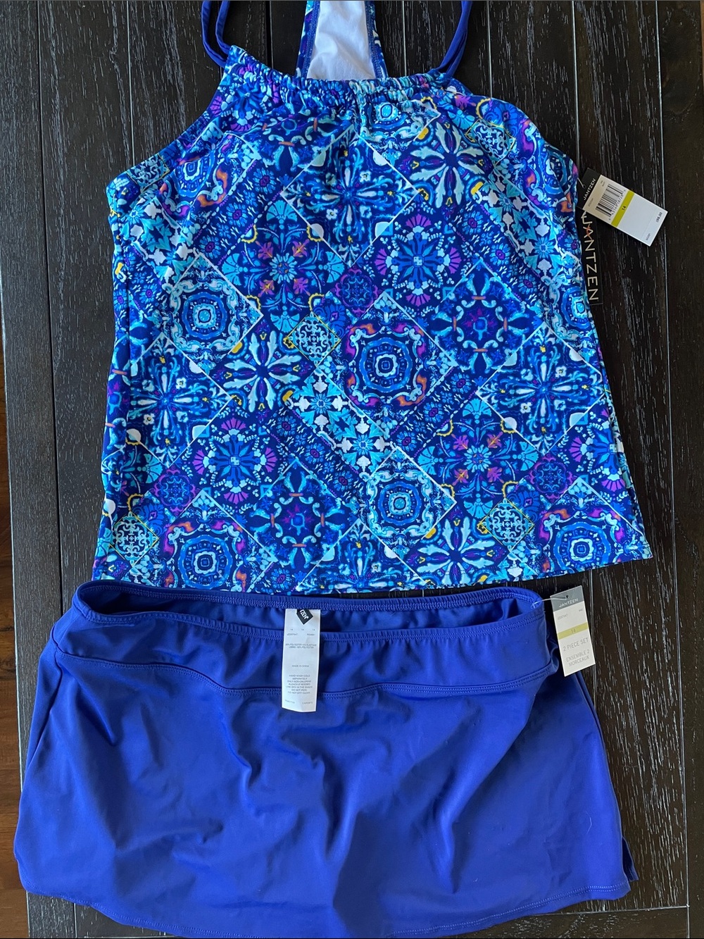 Jantzen Blue Mosaic Halter Swim Top with Lined Skirt